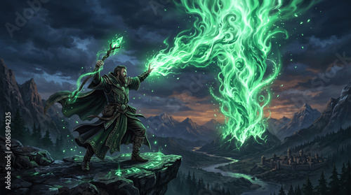 A wizard stands on a rocky ledge while casting green magic into the air