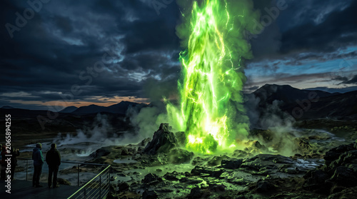 Visitors stand near a geyser that erupts with bright green light and steam in a volcanic area