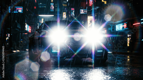 A car moves through a rainy city during nighttime