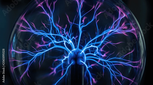 A plasma globe shows electricity moving in bright blue and pink