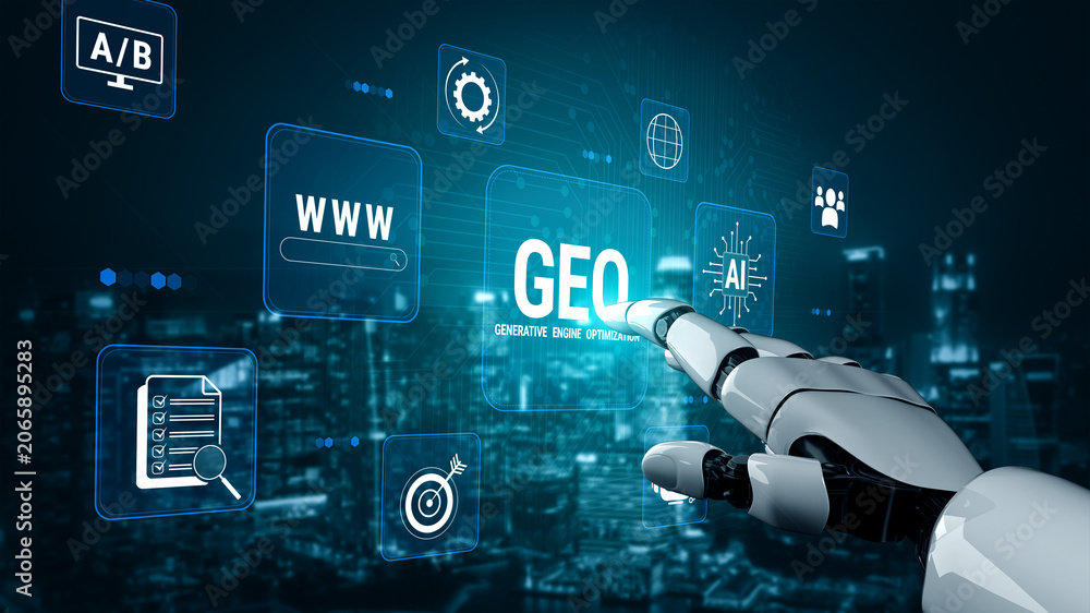 Fototapeta premium Futuristic Robotic Hand Interacting with Digital Interface Displaying Geo-Based Engine Optimization Concepts in Modern City Environment. Glyphic.