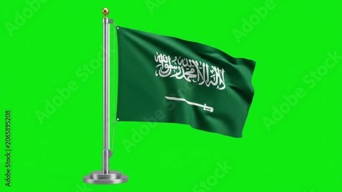 Saudi Arabia National Flag Waving on Desk Pole Stand Against Green Screen Background for Projects