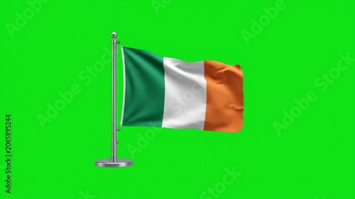 Ireland National Flag Waving on Desk Pole Stand Against Green Screen Background for Global Projects