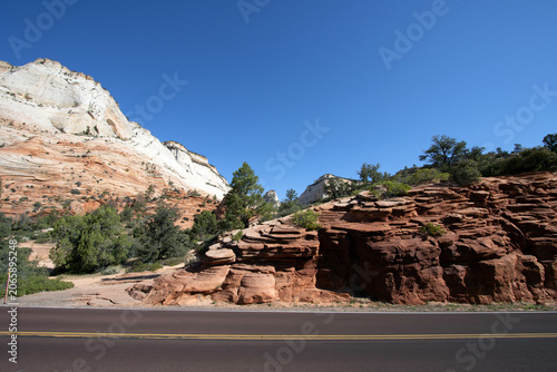 View of Utah State Route 9, the Zion-Mount Carmel Highway, as it passes through Zion National Park