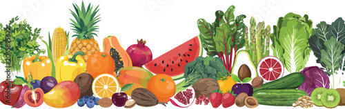 Cuadro en lienzo Fresh fruits and vegetables seamless border vector illustration with abundant organic farm food panorama
