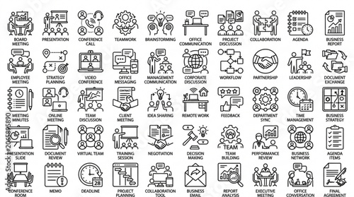 A collection of various business and technology icons are shown in a grid.