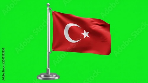 Turkey National Flag Waving on Desk Pole Stand Against Green Screen Background for Global Projects