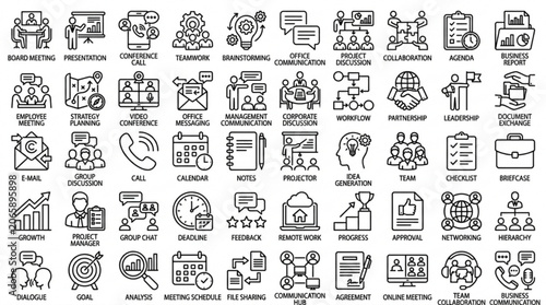 The illustration displays various business-related icons and symbols arranged in rows on a plain surface.