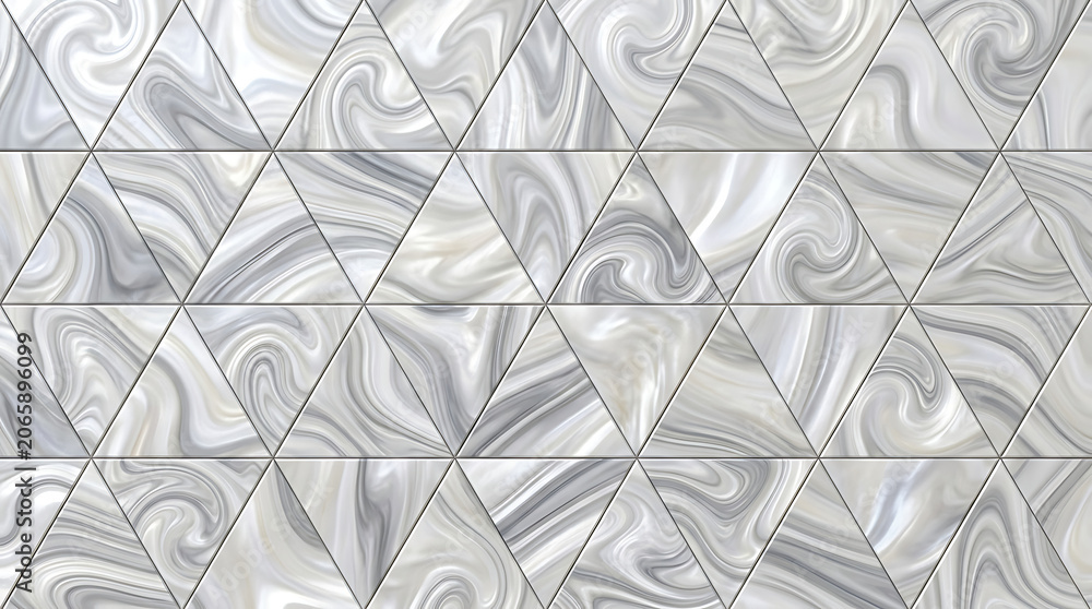 Obraz premium Abstract triangle mosaic pattern with swirl liquid marble effect in white and gray.