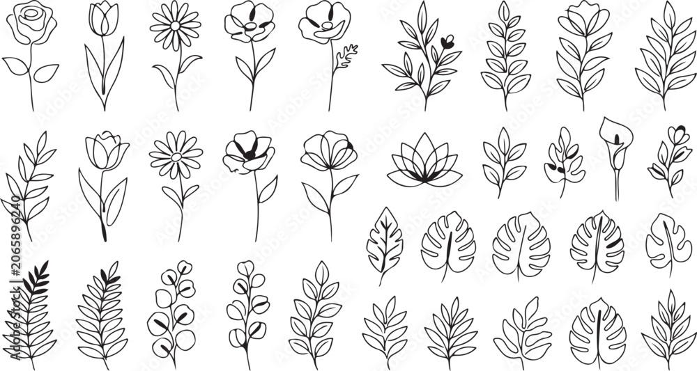 Fototapeta premium Hand drawn black line art floral icons and leaves vector set