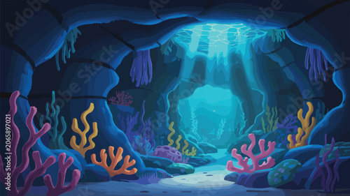 A colorful cartoon underwater cave scene with glowing corals and aquatic plants