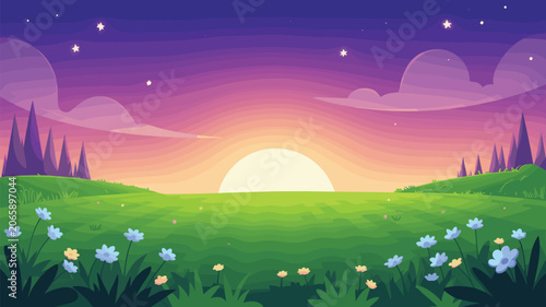 A magical cartoon field under a vibrant sunset with glowing flowers