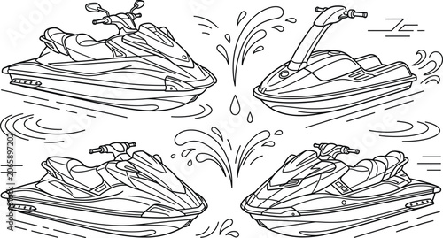 Photos Jet ski personal watercraft vector outline icon set featuring water splashes for