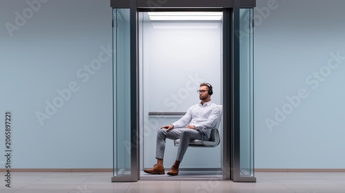 A person sitting inside a transparent elevator moving sideways across a modern office floor instead of up or down, symbolizing non-linear career growth, unconventional success.