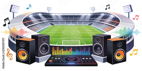 Colorful Football Stadium Concert with DJ Equipment Speakers Sound Wave and Music Notes Vector