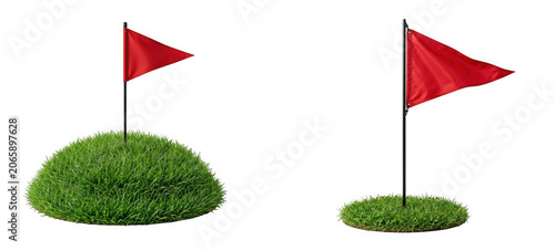 Red golf flags on small patches of green grass isolated on transparent background