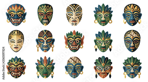 Fotografi Collection of colorful tribal masks displayed.