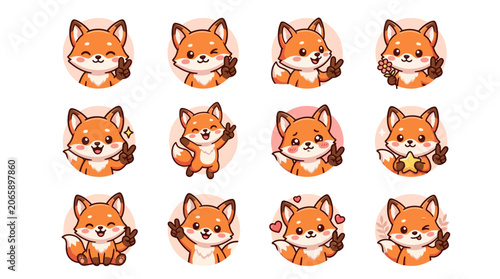 Vászonkép Collection of cute cartoon fox stickers.