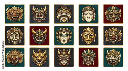 Valokuva Collection of ornate gold masks.