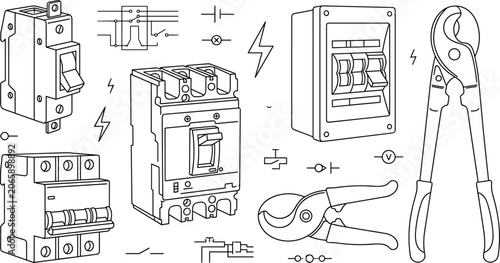 Foto Electrical circuit breaker and cable cutter pliers vector outline icon set for r