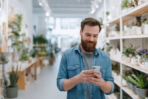 Bearded man using smartphone in a plant shop. Happy male customer texting on mobile phone in a garden center. Small business owner concept