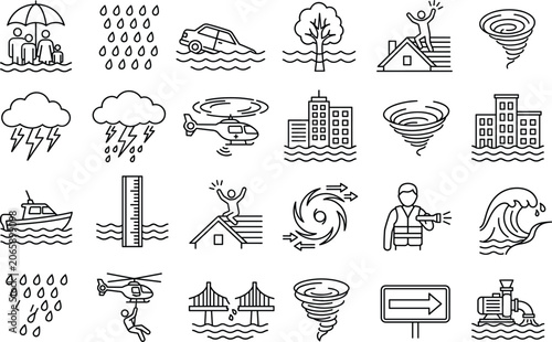 Картината върху платно Natural disaster flood and storm weather vector outline icon set featuring rescu
