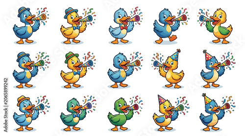 Εκτύπωση καμβά Colorful cartoon ducks celebrate party.