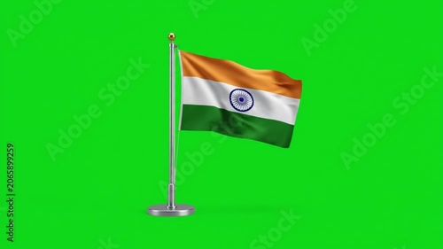 India National Flag Waving on Desk Pole Stand Against Green Screen Background for Global Projects 