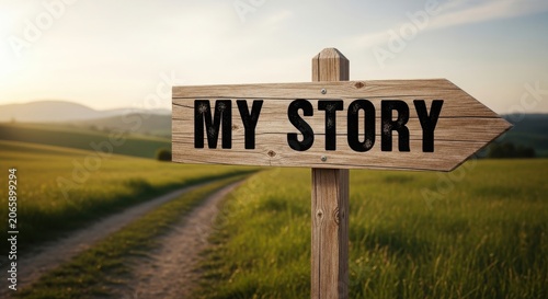 Wooden signpost with a sign labeled my story in a rural landscape