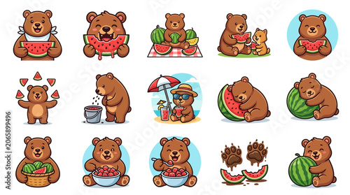 Foto Cute brown bears eating watermelon.