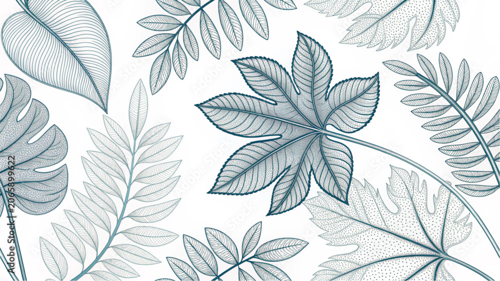 Fototapeta premium Minimalist tropical leaf line art pattern with palm fronds and monstera leaves on white background