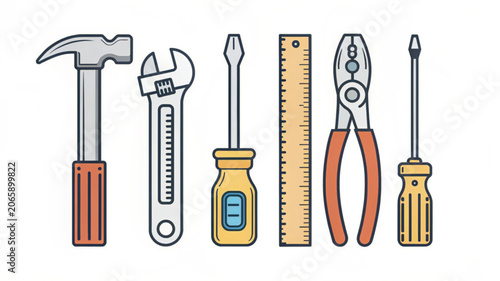 Collection of tools including a hammer, adjustable wrench, screwdriver, ruler, and pliers, representing maintenance and construction