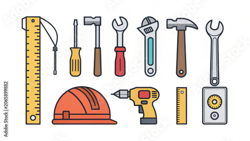 Professional Hand Tool Equipment Collection Featuring Construction Gear and Repair Instruments for DIY Maintenance and Carpentry Tasks