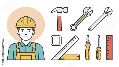 Construction worker and set of hand tools for repair and maintenance illustration