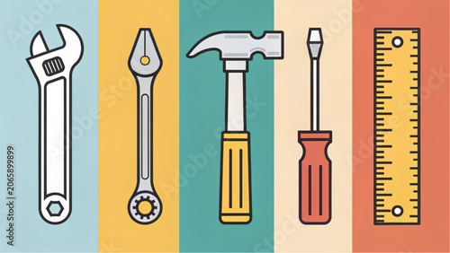 A Variety of Hand Tools Including a Wrench, Pliers, Hammer, Screwdriver, and Ruler on a Colorful Striped Background