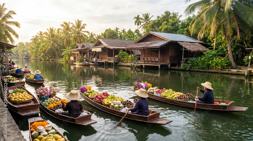 Obraz premium Thai floating market canal, Wooden boats with fruit and flowers, Tropical cultural travel scene, Morning water market landscape, Clean commercial view
