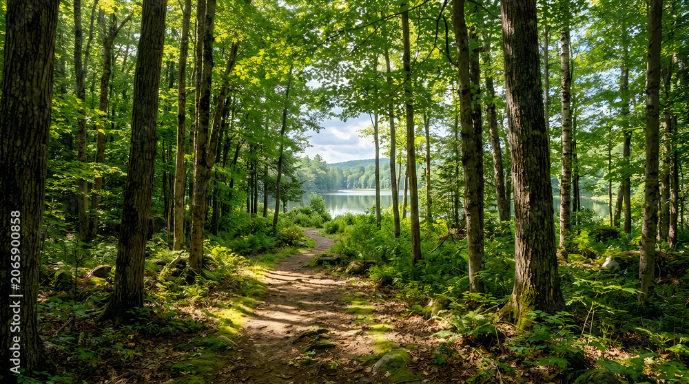 Obraz premium Sunlit Forest Path Leading to a Serene Lake in Summer