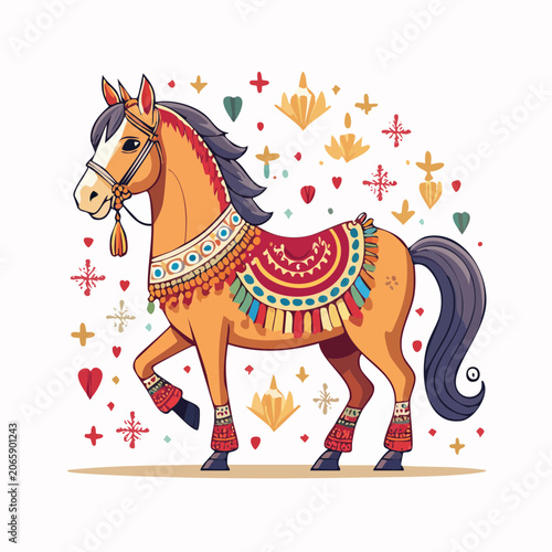 Cartoon Horse Decorated with Colorful Traditional Ornaments