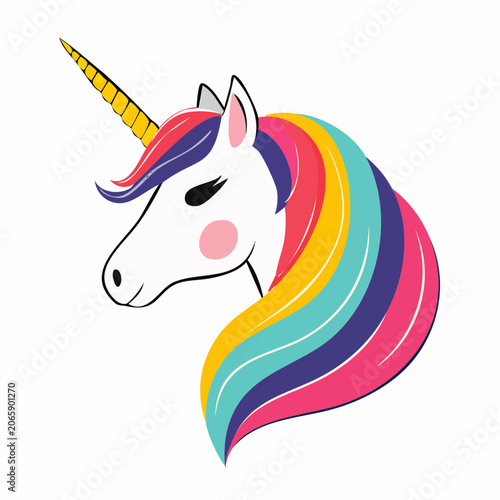Cartoon Unicorn Head with Rainbow Mane