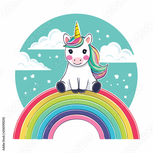 Cute Cartoon Unicorn Sitting on a Rainbow