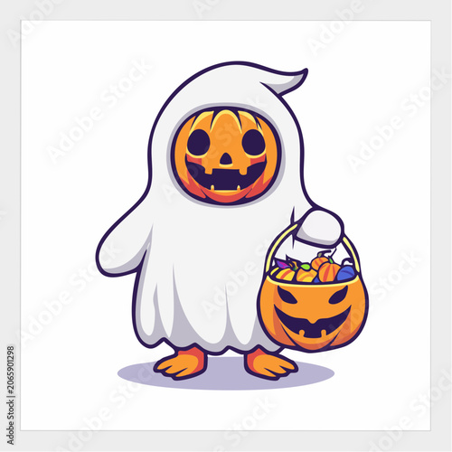 Cute Halloween Pumpkin Ghost Character with Candy Basket