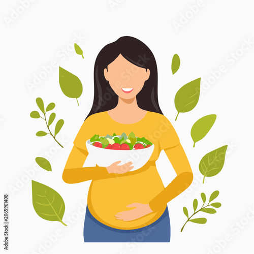Pregnant Woman Holding Salad Bowl with Green Leaves