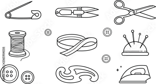 Tableau sur toile Sewing tools and tailoring equipment vector outline icon set featuring scissors