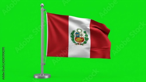 Peru National Flag Waving on Desk Pole Stand Against Green Screen Background for Global Projects