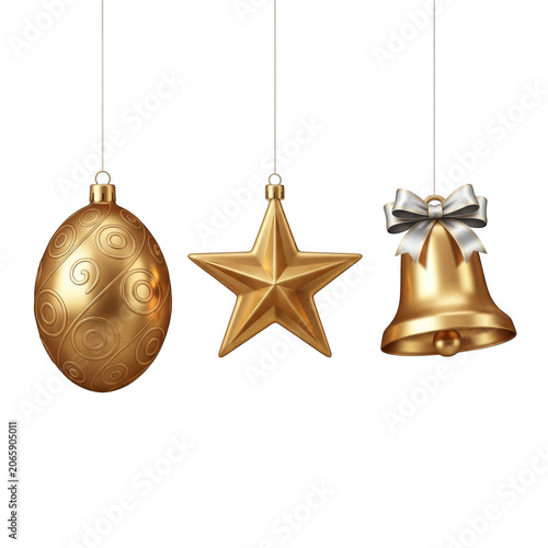 Golden christmas ornaments including bell star and egg isolated on transparent background