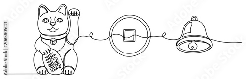 Foto Maneki neko beckoning cat with lucky coin and bell in continuous line art style