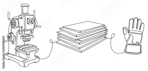 Industrial press machine metal sheets and protective glove in continuous line art style