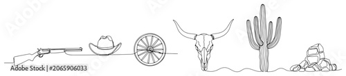 Tableau sur toile Western rifle with hat wagon wheel and skull in minimalist continuous line art s