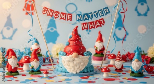 Festive birthday cake decorated with cute garden gnomes and colorful party decorations