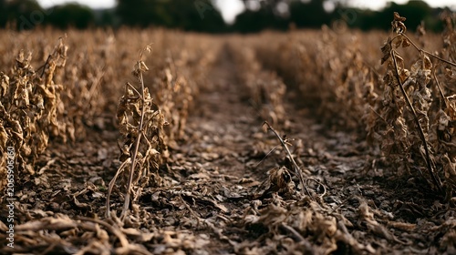 Desolate shriveled crops stretch across rows under harsh light emphasizing a feeling of drought and barrenness